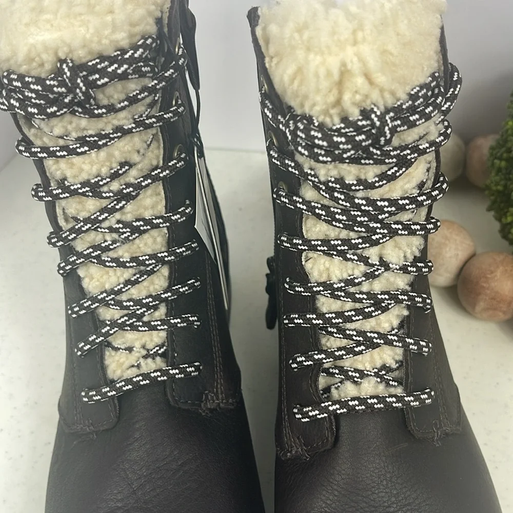 SOREL Emelie Shearling Short Lace-Up Leather Boots Blacken Brown-Sz 8.5
